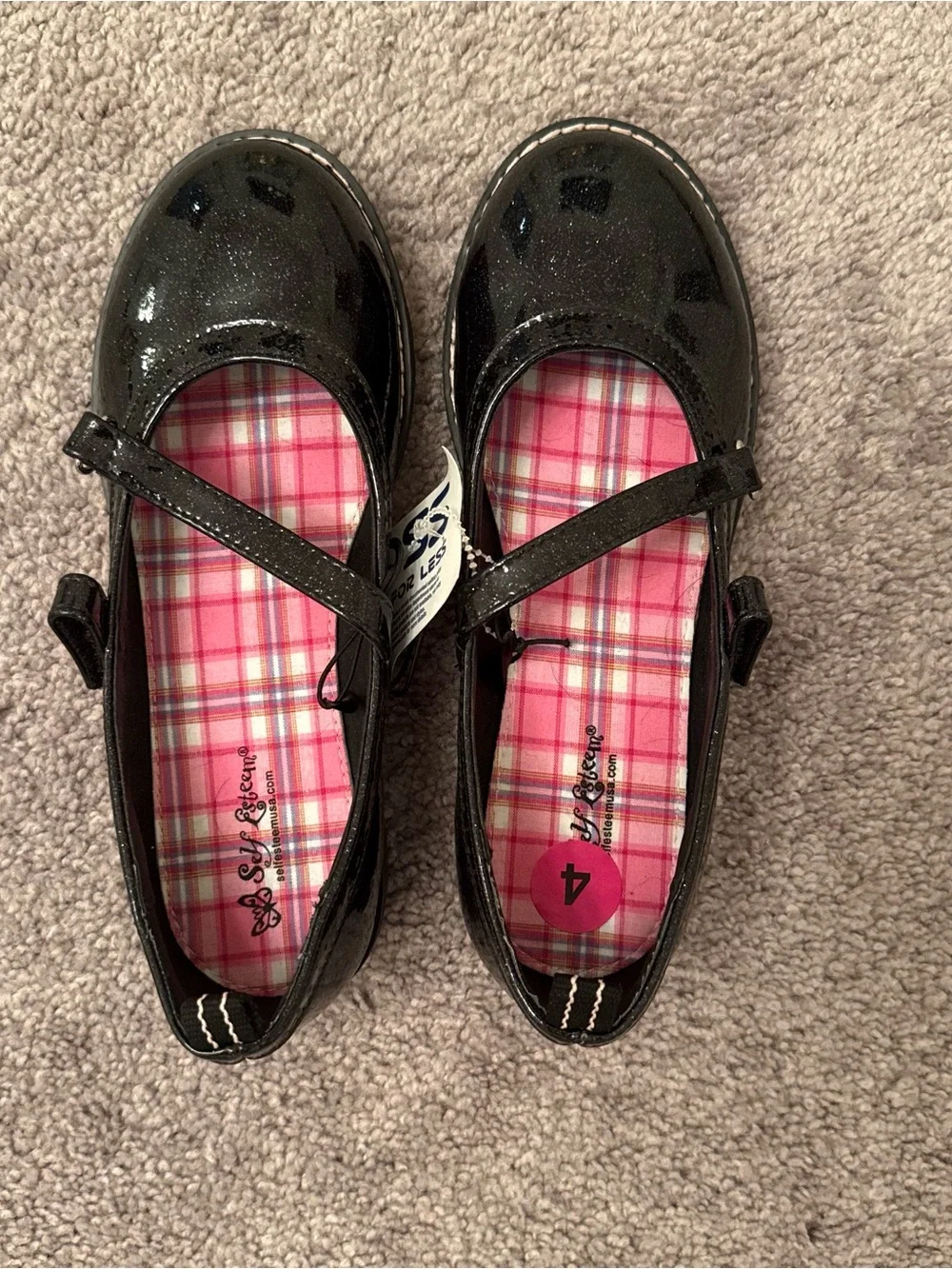 Self Esteem Black Patent Mary Jane Shoes with Pink Plaid Insole